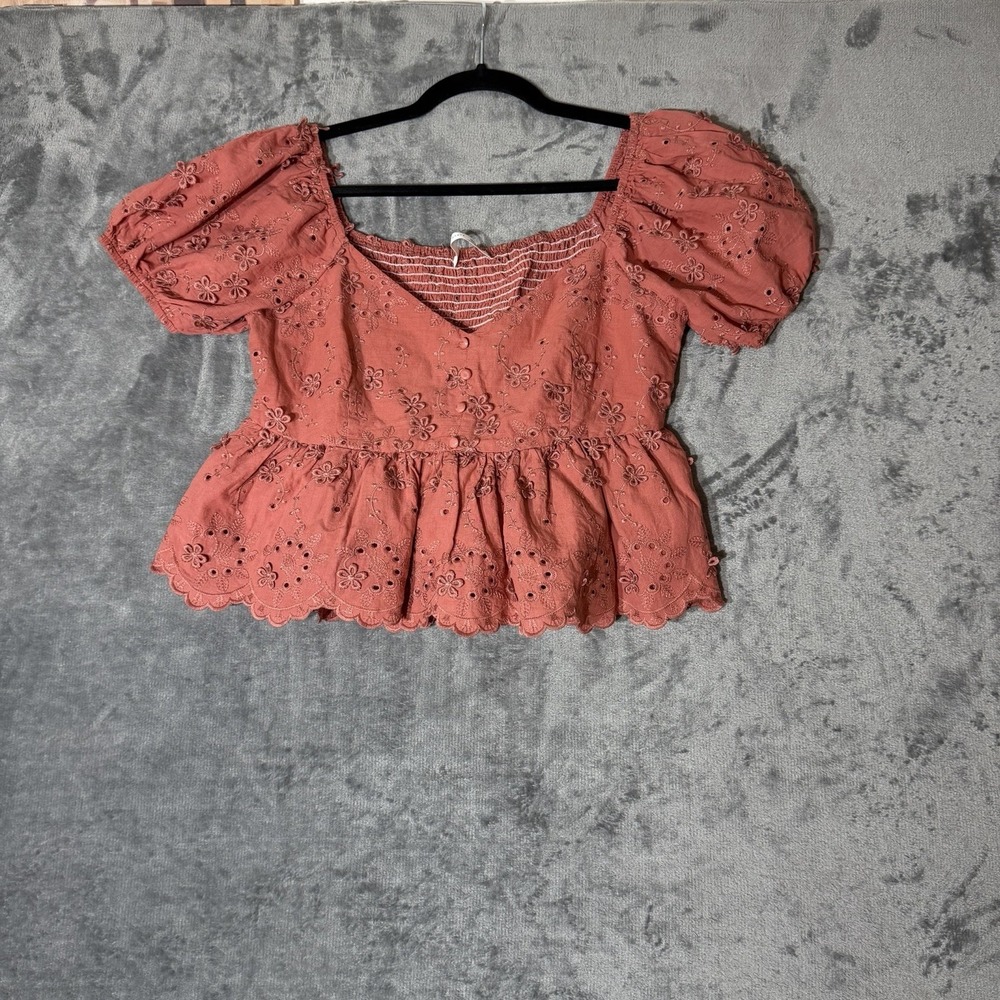 Altar'd State Rust Eyelet Embroidered Peplum Top Puff Sleeve Cotton Womens Small
